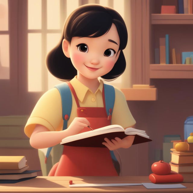 A delightful, high-definition Disney-style cartoon animation depicting a young, extremely cute Chinese girl preparing for school in a warm, inviting home setting