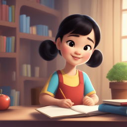 A delightful, high-definition Disney-style cartoon animation depicting a young, extremely cute Chinese girl preparing for school in a warm, inviting home setting