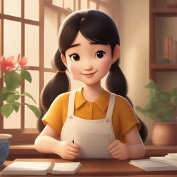 A delightful, high-definition Disney-style cartoon animation depicting a young, extremely cute Chinese girl preparing for school in a warm, inviting home setting