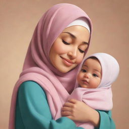 Create a Pixar-style illustration of a loving mother with a hijab, cradling her newborn twin girls with affection and warmth.