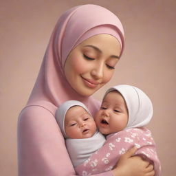 Create a Pixar-style illustration of a loving mother with a hijab, cradling her newborn twin girls with affection and warmth.