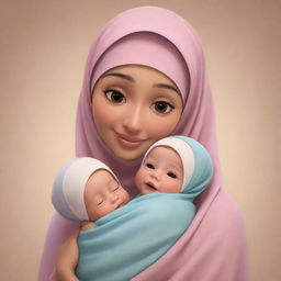 Create a Pixar-style illustration of a loving mother with a hijab, cradling her newborn twin girls with affection and warmth.