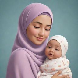 Create a Pixar-style illustration of a loving mother with a hijab, cradling her newborn twin girls with affection and warmth.