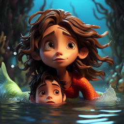 Create a vibrant claymation-style image. It depicts a beautiful mermaid, Elena, who has swam into a drowning boy, Jake. Jake has shoulder length dark hair, he is lanky but handsome in a boyish way.