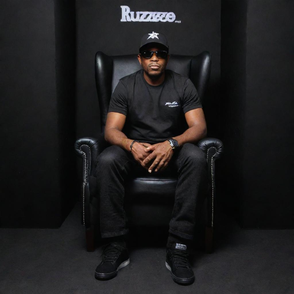 Generate a 3D illusion of a Papua New Guinean man in a black shirt, sitting casually on a wingback chair. He is wearing sneakers, a black cricket cap, and sunglasses; looking straight ahead. The background features 'RUZTEE' in large capital white LED fonts on a black wall.