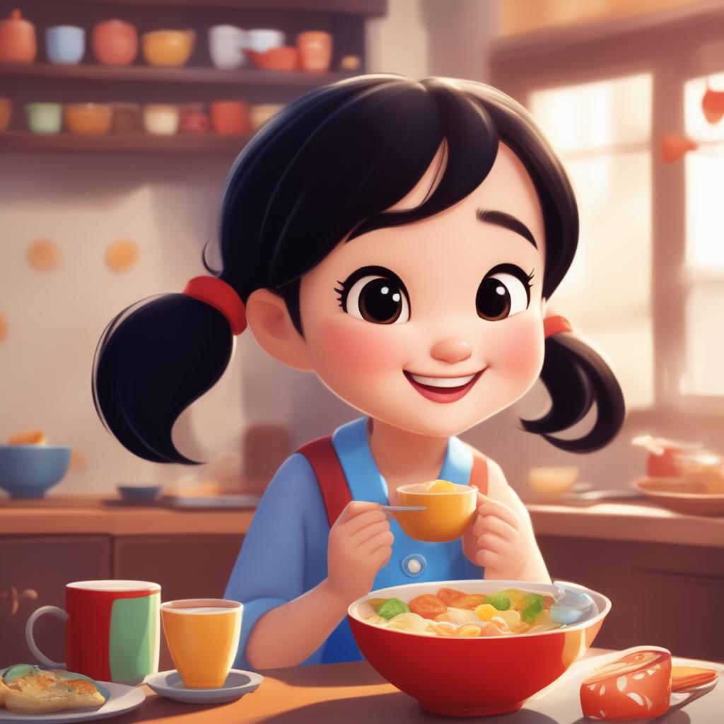 A Disney Pixar style digital art image of a young, extremely cute, happy Chinese girl joyfully eating her breakfast