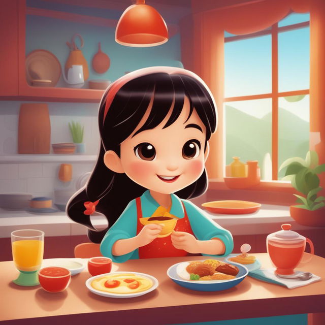 A Disney Pixar style digital art image of a young, extremely cute, happy Chinese girl joyfully eating her breakfast