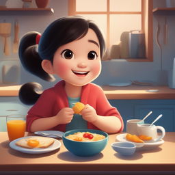 A Disney Pixar style digital art image of a young, extremely cute, happy Chinese girl joyfully eating her breakfast