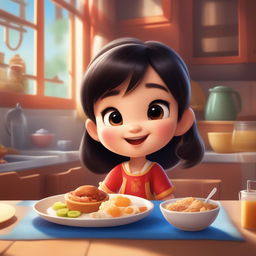 A Disney Pixar style digital art image of a young, extremely cute, happy Chinese girl joyfully eating her breakfast