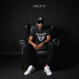 Generate a 3D illusion of a Papua New Guinean man in a black shirt, sitting casually on a wingback chair. He is wearing sneakers, a black cricket cap, and sunglasses; looking straight ahead. The background features 'RUZTEE' in large capital white LED fonts on a black wall.