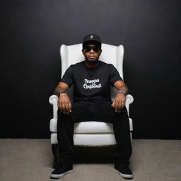 Generate a 3D illusion of a Papua New Guinean man in a black shirt, sitting casually on a wingback chair. He is wearing sneakers, a black cricket cap, and sunglasses; looking straight ahead. The background features 'RUZTEE' in large capital white LED fonts on a black wall.