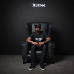 Generate a 3D illusion of a Papua New Guinean man in a black shirt, sitting casually on a wingback chair. He is wearing sneakers, a black cricket cap, and sunglasses; looking straight ahead. The background features 'RUZTEE' in large capital white LED fonts on a black wall.