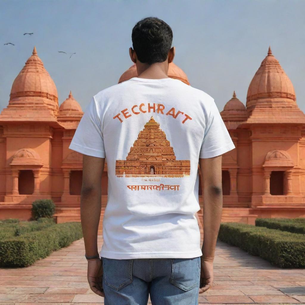 A 3D illustration of a person wearing a t-shirt with the inscription 'Techrat', standing in front of the Ram Mandir in Ayodhya