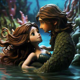 Create a vibrant claymation-style image. It depicts a beautiful mermaid, Elena, who has swam into a drowning boy, Jake. Jake has shoulder length dark hair, he is lanky but handsome in a boyish way.