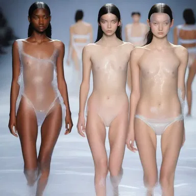 The runway models glowed with perspiration, as their bodies transpired water, creating a unique and ethereal effect.