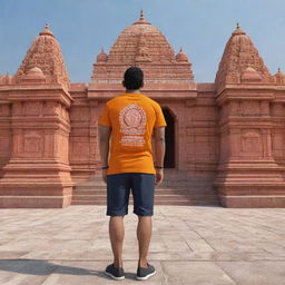 A 3D illustration of a person wearing a t-shirt with the inscription 'Techrat', standing in front of the Ram Mandir in Ayodhya