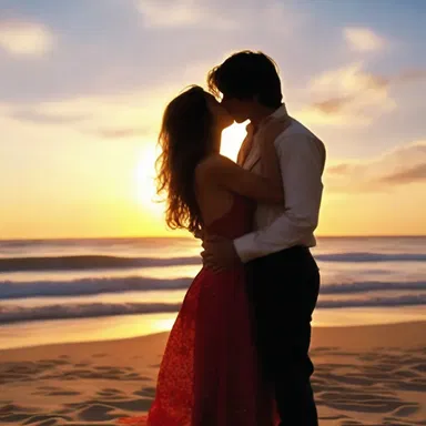 In the movie, as the sun set over the horizon, a passionate kiss transpired between the two star-crossed lovers.