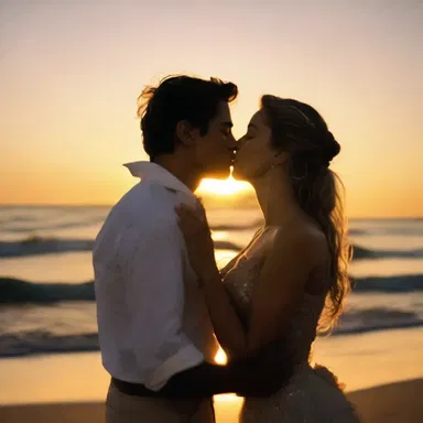 In the movie, as the sun set over the horizon, a passionate kiss transpired between the two star-crossed lovers.
