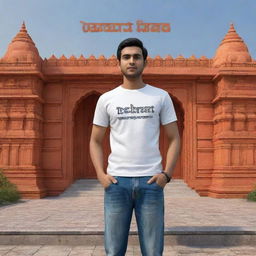 A 3D illustration of a person wearing a t-shirt with the inscription 'Techrat', standing in front of the Ram Mandir in Ayodhya