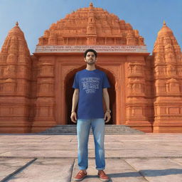 A 3D illustration of a person wearing a t-shirt with the inscription 'Techrat', standing in front of the Ram Mandir in Ayodhya