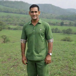 MS Dhoni, the renowned cricketer, dressed in a traditional Indian farmer attire, in a rural, verdant village setting