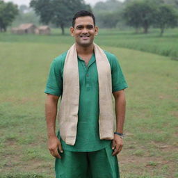 MS Dhoni, the renowned cricketer, dressed in a traditional Indian farmer attire, in a rural, verdant village setting