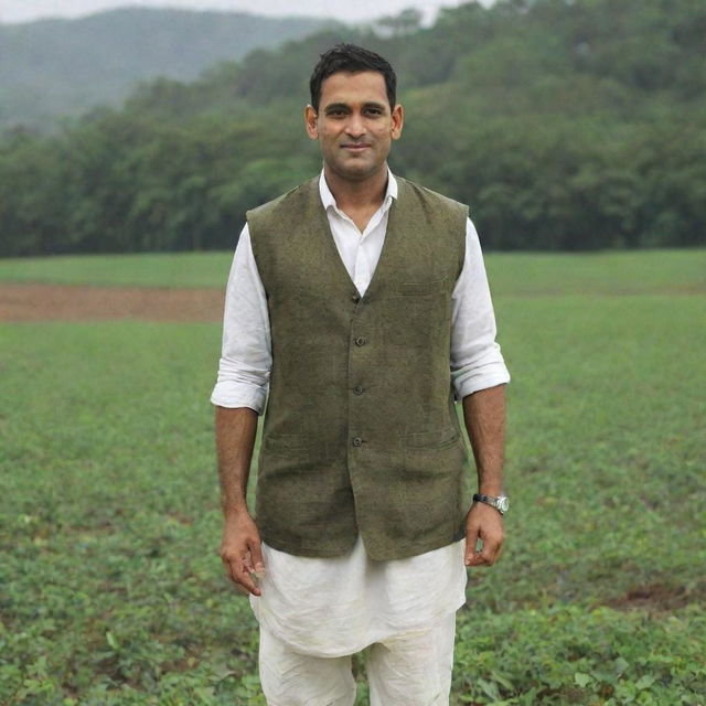 MS Dhoni, the renowned cricketer, dressed in a traditional Indian farmer attire, in a rural, verdant village setting