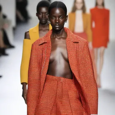 The designer's latest collection featured a model wearing a bold and yelled outfit.