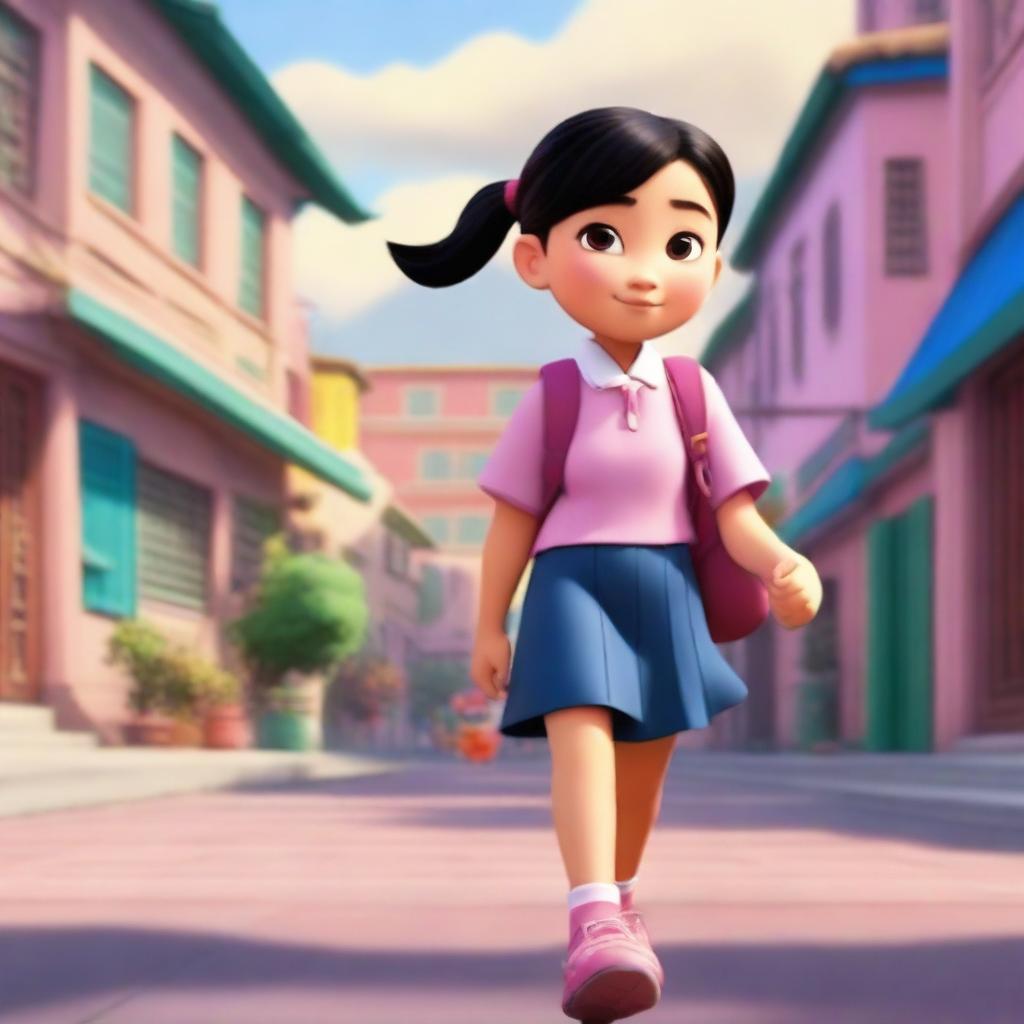 This image is a captivating Disney Pixar animation of an adorable Chinese girl walking to school