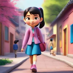 This image is a captivating Disney Pixar animation of an adorable Chinese girl walking to school