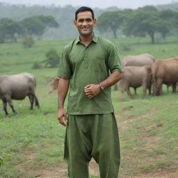 MS Dhoni, the renowned cricketer, dressed in a traditional Indian farmer attire, in a rural, verdant village setting