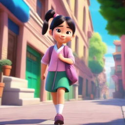 This image is a captivating Disney Pixar animation of an adorable Chinese girl walking to school