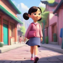 This image is a captivating Disney Pixar animation of an adorable Chinese girl walking to school