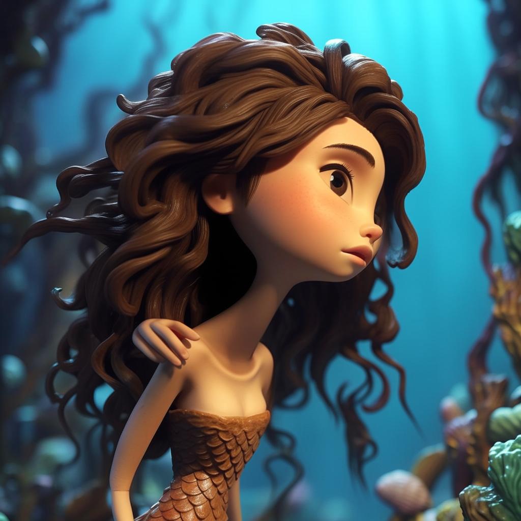 Create a vibrant claymation-style image. It depicts a beautiful mermaid, Elena, who has swam into a drowning boy, Jake. Jake has shoulder length dark hair, he is lanky but handsome in a boyish way.