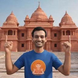 3D cartoonish illustration of a person with joined hands and a wide smile, wearing a t-shirt labeled 'Techrat', standing in front of Ram Mandir in Ayodhya