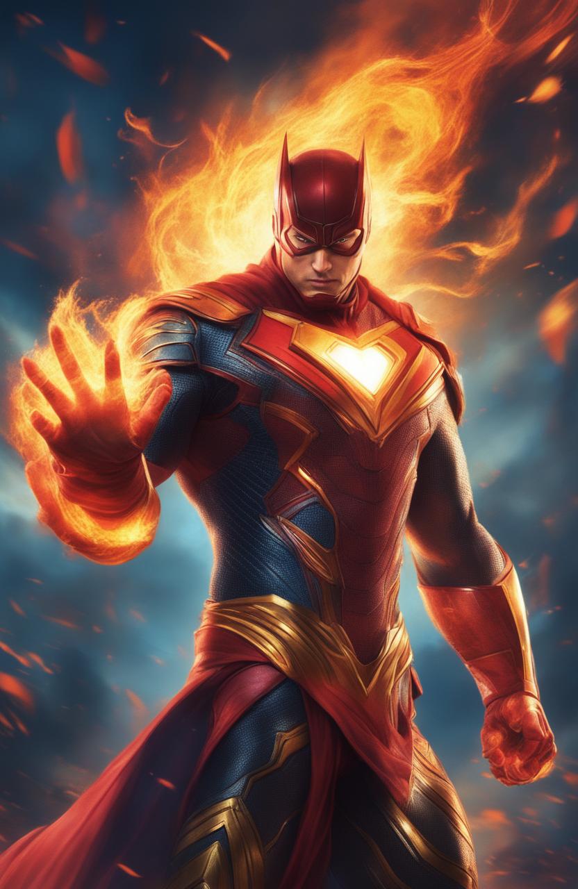 A high-quality digital art piece depicting a superhero character who wields the power of fire