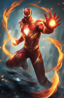 A high-quality digital art piece depicting a superhero character who wields the power of fire