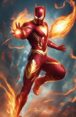 A high-quality digital art piece depicting a superhero character who wields the power of fire