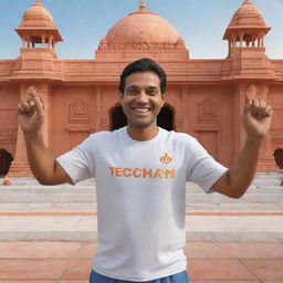 3D cartoonish illustration of a person with joined hands and a wide smile, wearing a t-shirt labeled 'Techrat', standing in front of Ram Mandir in Ayodhya