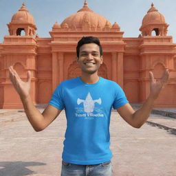 3D cartoonish illustration of a person with joined hands and a wide smile, wearing a t-shirt labeled 'Techrat', standing in front of Ram Mandir in Ayodhya