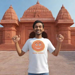 3D cartoonish illustration of a person with joined hands and a wide smile, wearing a t-shirt labeled 'Techrat', standing in front of Ram Mandir in Ayodhya