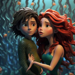 Create a vibrant claymation-style image. It depicts a beautiful mermaid, Elena, who has swam into a drowning boy, Jake. Jake has shoulder length dark hair, he is lanky but handsome in a boyish way.