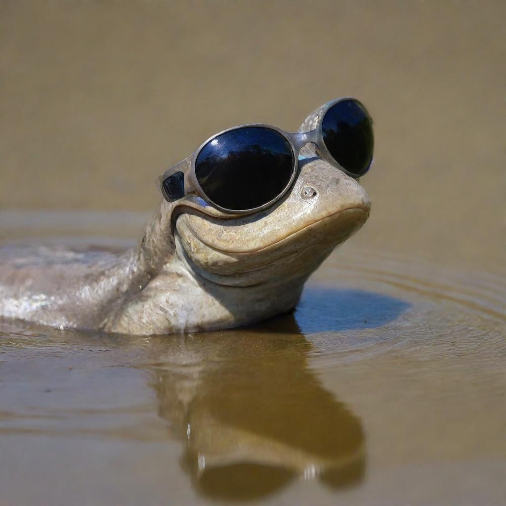 A quirky mudskipper donned with cool sunglasses under bright sunlight.