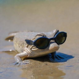 A quirky mudskipper donned with cool sunglasses under bright sunlight.