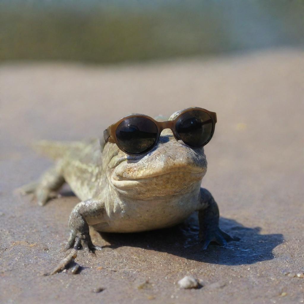 A quirky mudskipper donned with cool sunglasses under bright sunlight.