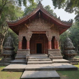 An intricately designed temple in a serene and peaceful setting