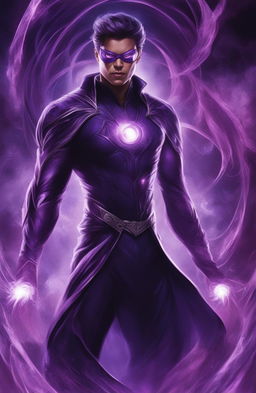 A high-quality digital art piece showcasing a psychic superhero character dressed in deep purple and black