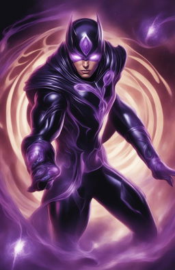 A high-quality digital art piece showcasing a psychic superhero character dressed in deep purple and black