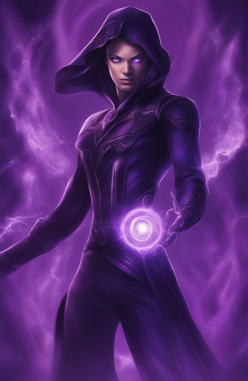 A high-quality digital art piece showcasing a psychic superhero character dressed in deep purple and black