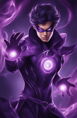 A high-quality digital art piece showcasing a psychic superhero character dressed in deep purple and black